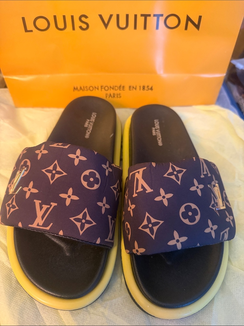 Brown Monogram Slide Sandals with Yellow Trim
